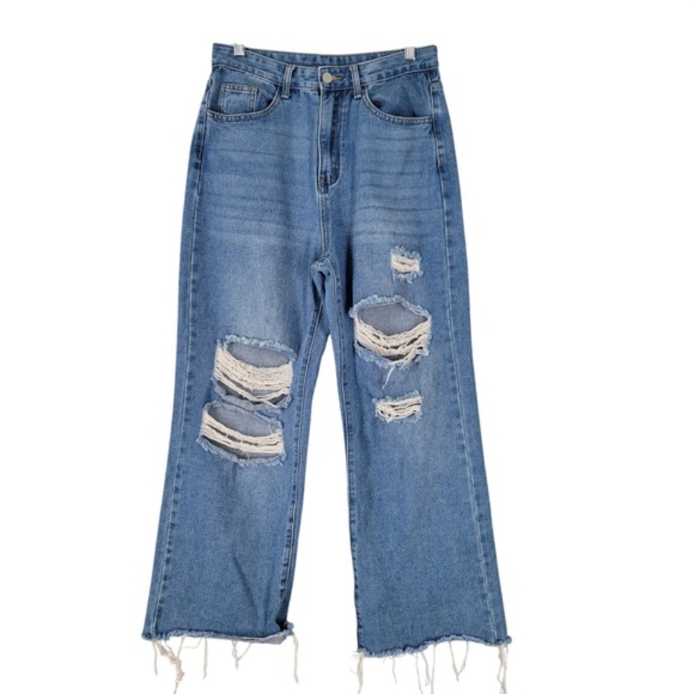 Cider High Rise Wide Leg Jeans Women Medium Blue Distressed Raw‎ Hem Baggy